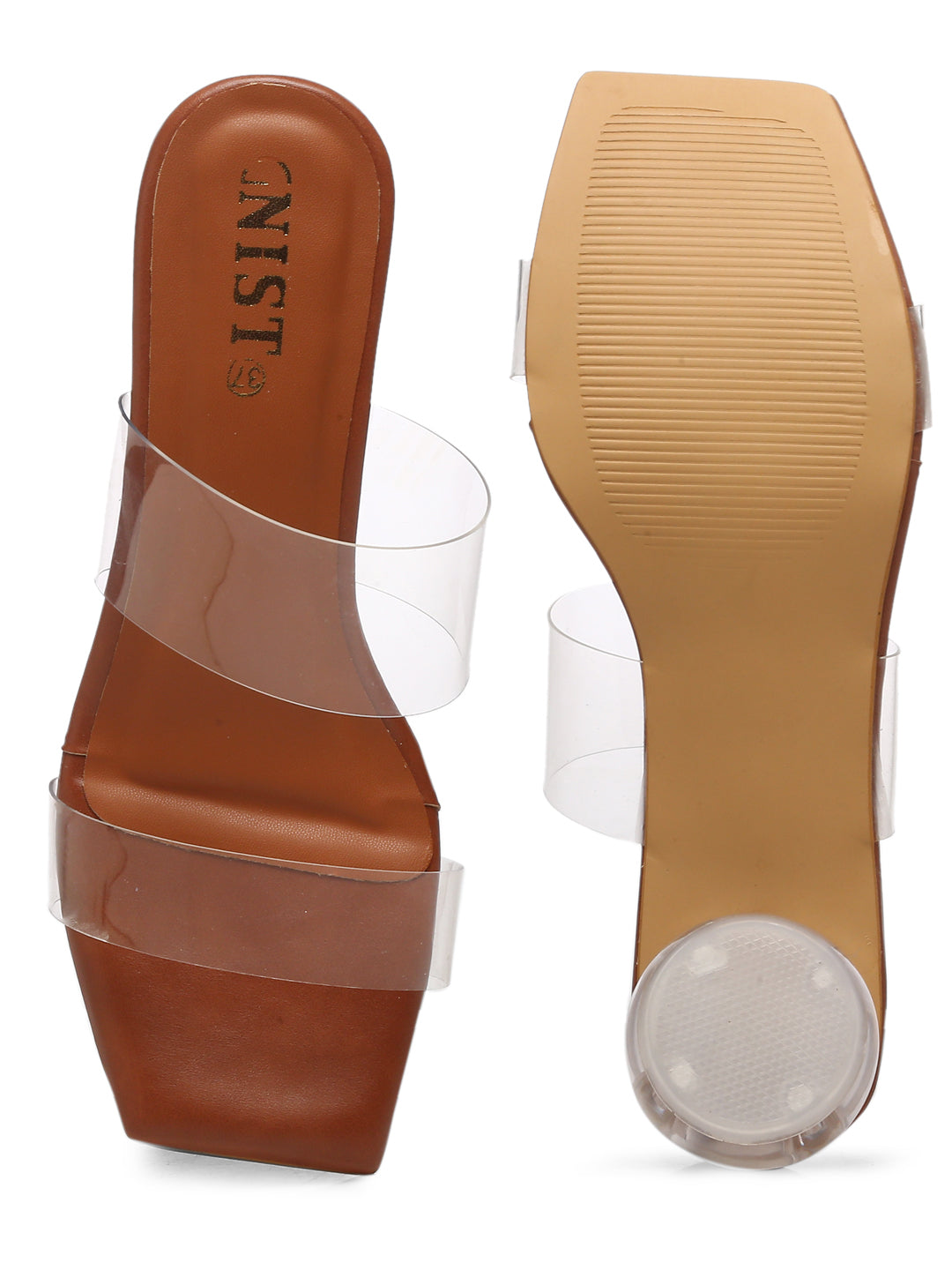 GNIST Tan Twin Strap Transparent Clear Block Heels