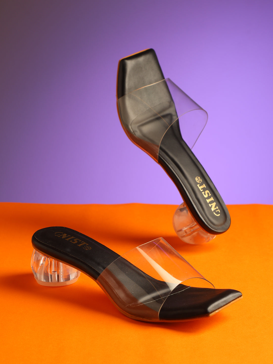 GNIST Black Toe Strap Transparent Clear Block Heels