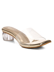 GNIST Gold Twin Strap Transparent Clear Block Heels