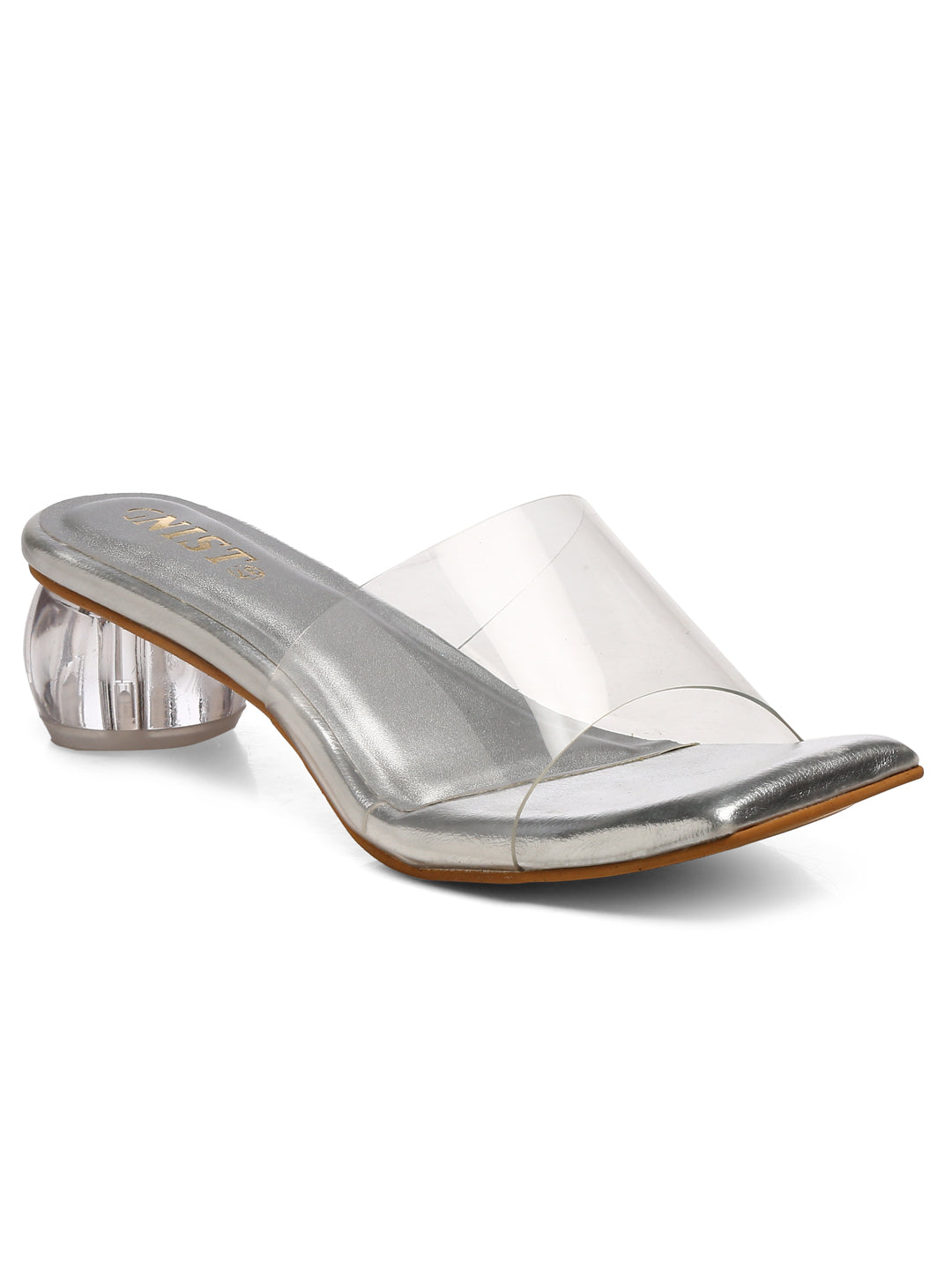 GNIST Silver Twin Strap Transparent Clear Block Heels