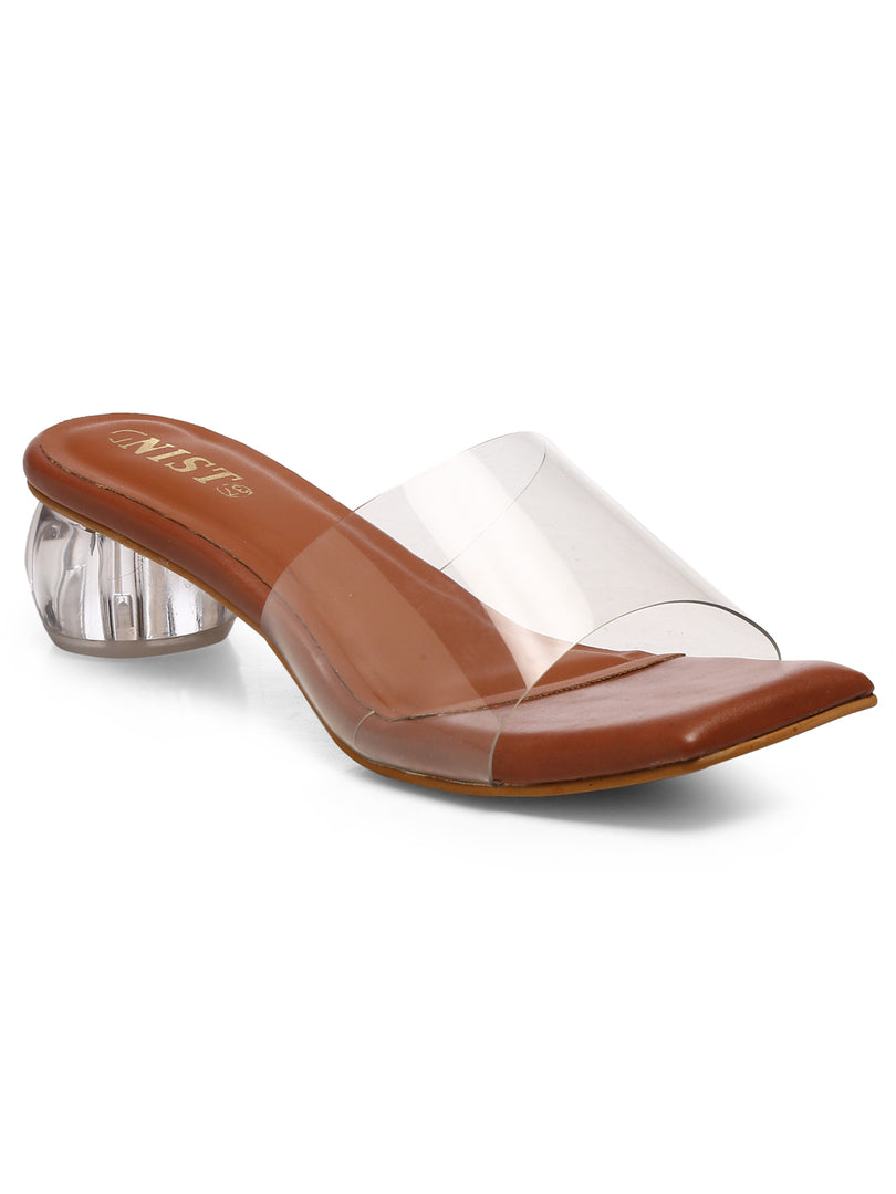 GNIST Tan Twin Strap Transparent Clear Block Heels