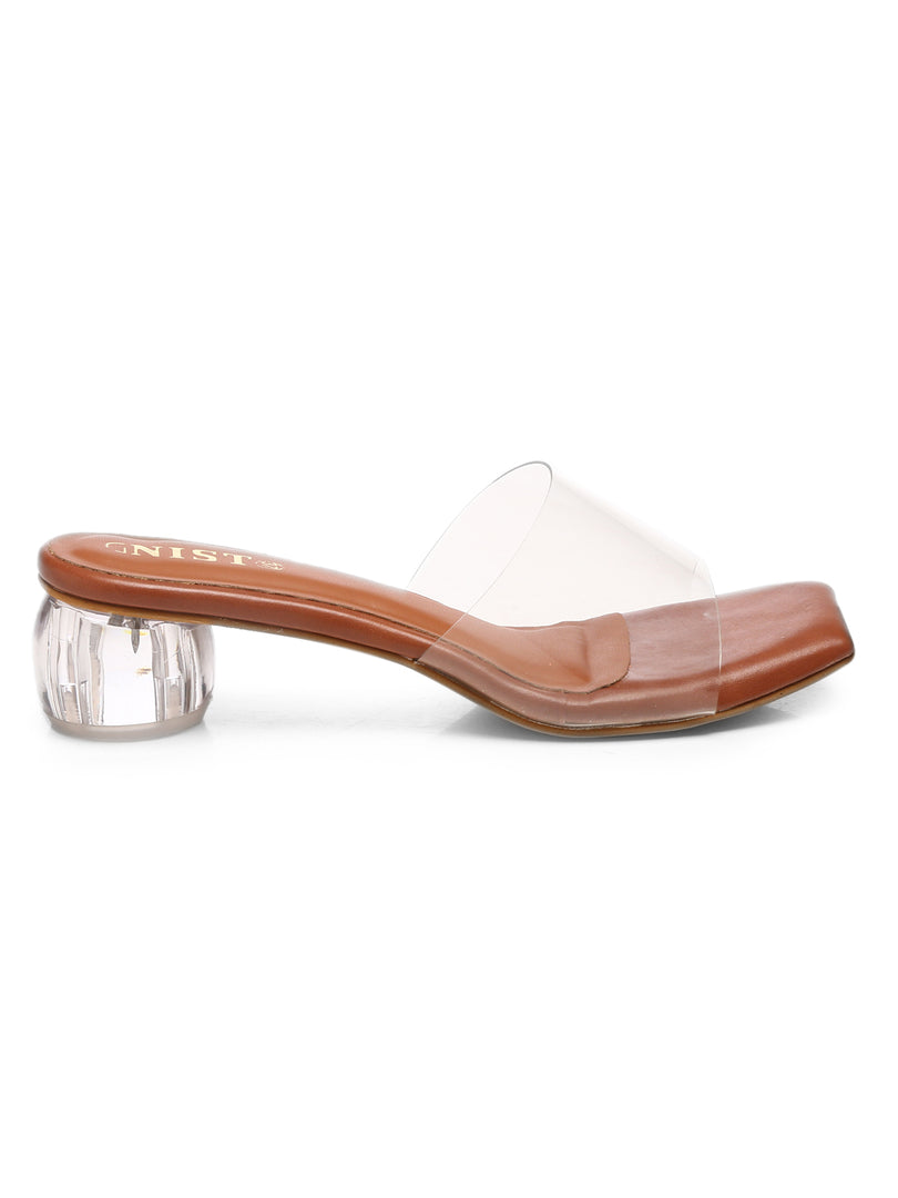 GNIST Tan Twin Strap Transparent Clear Block Heels