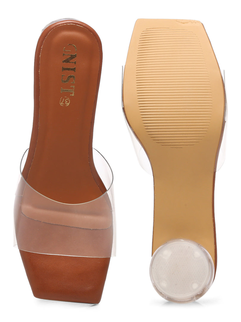 GNIST Tan Twin Strap Transparent Clear Block Heels