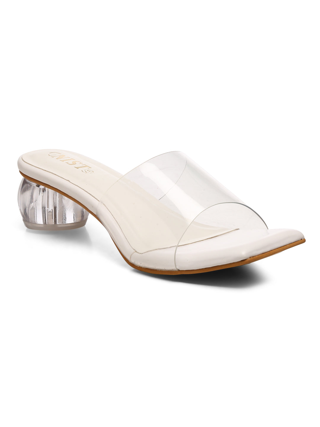 GNIST White Twin Strap Transparent Clear Block Heels