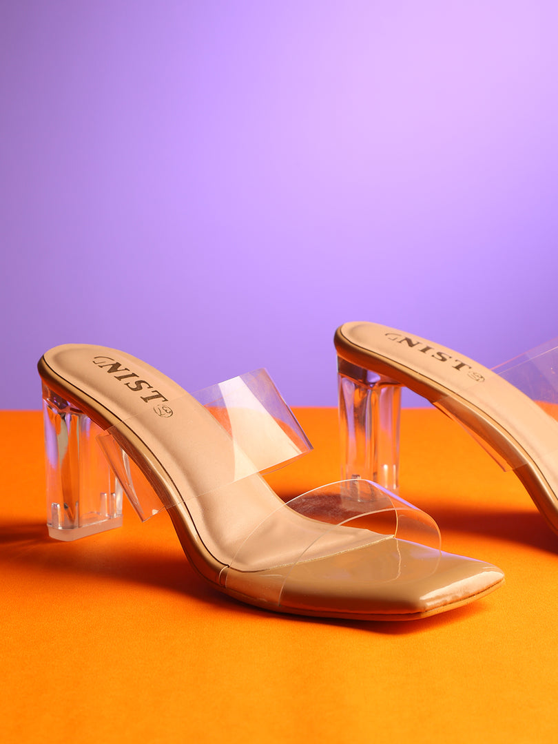 GNIST Beige Twin Strap Clear Block Heels - Main Image