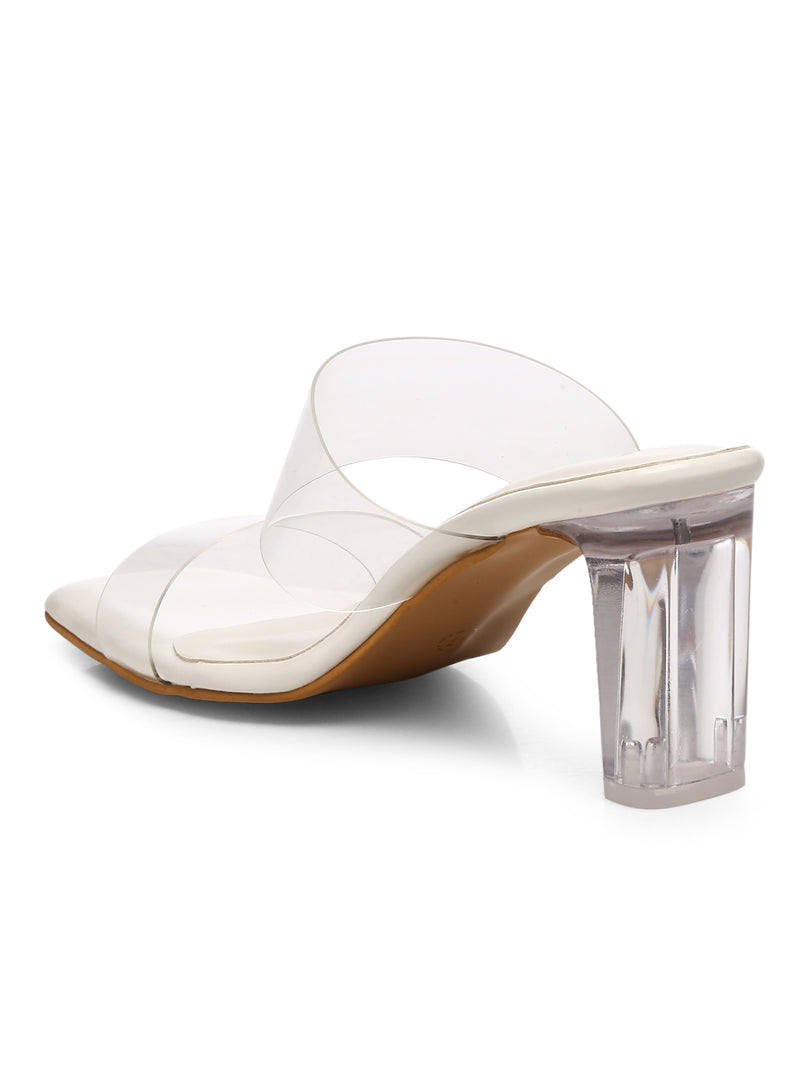 GNIST White Twin Strap Clear Block Heels