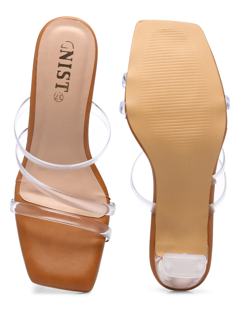 GNIST Tan Multi Strap Clear Block Heels