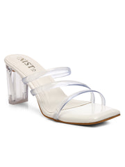 GNIST White Multi Strap Clear Block Heels