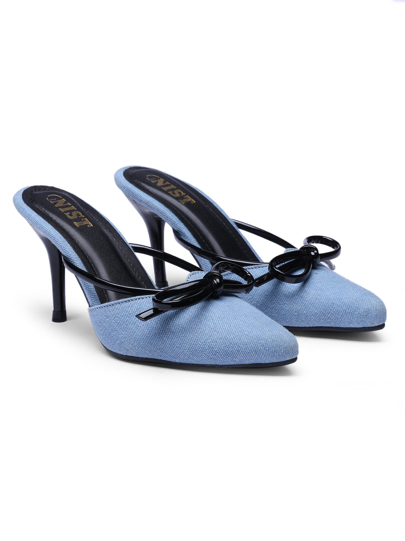 GNIST Pointed Bow Blue Black Stilettos Heel