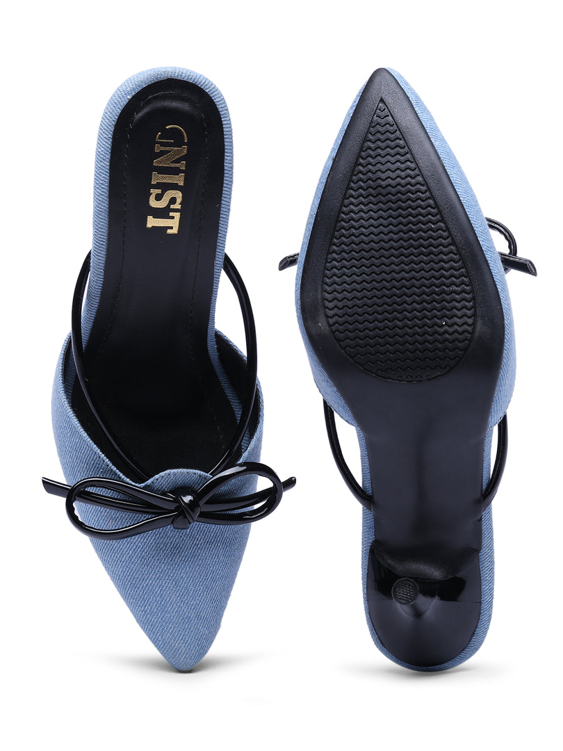 GNIST Pointed Bow Blue Black Stilettos Heel