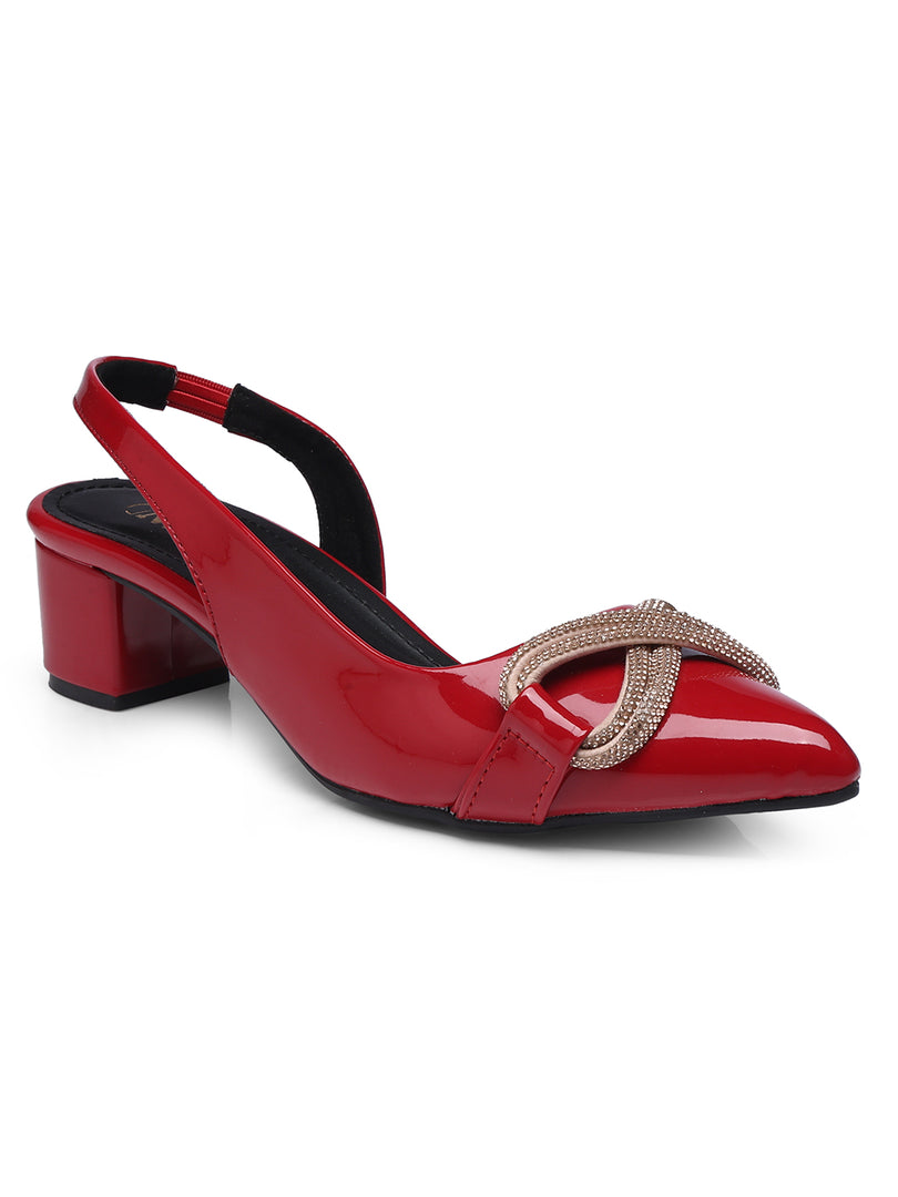 Block Heel Red Slingback Shoes GNIST Embellished Pointed Red Block