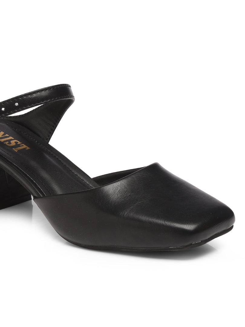 GNIST Square Toe Mule Black Block Heel