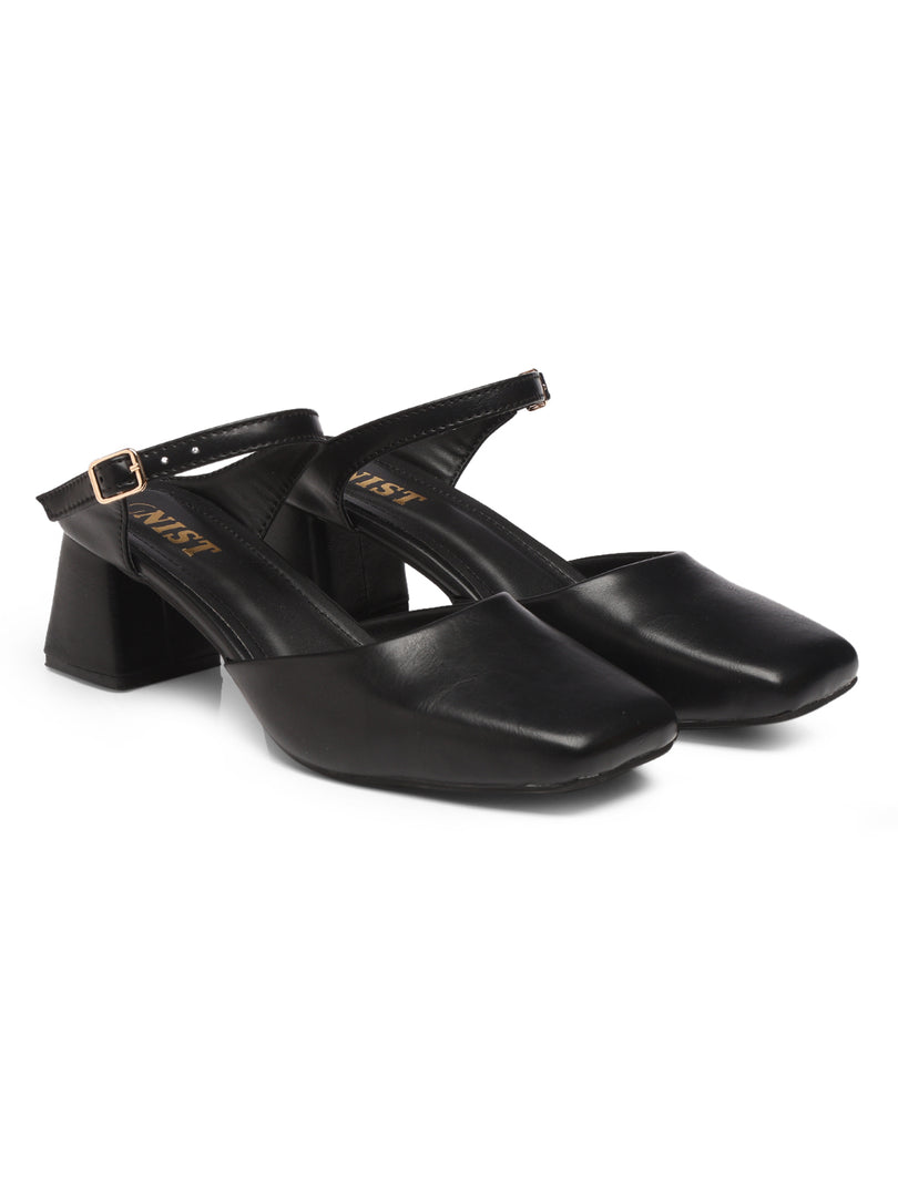 GNIST Square Toe Mule Black Block Heel