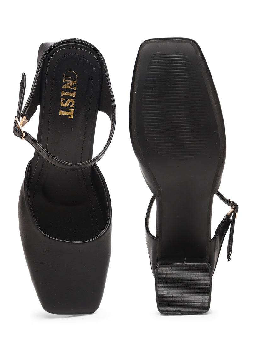 GNIST Square Toe Mule Black Block Heel