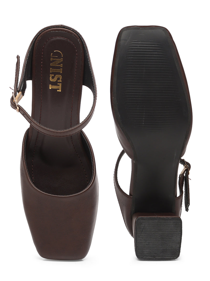 GNIST Square Toe Mule Brown Block Heel