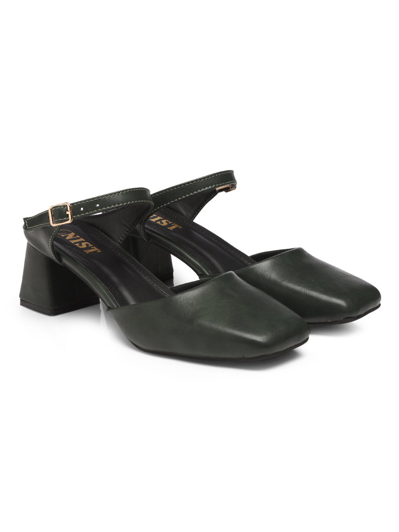 GNIST Square Toe Mule Green Block Heel