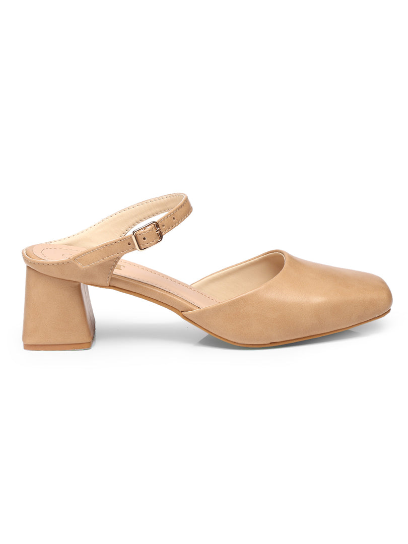 GNIST Square Toe Mule Nude Block Heel