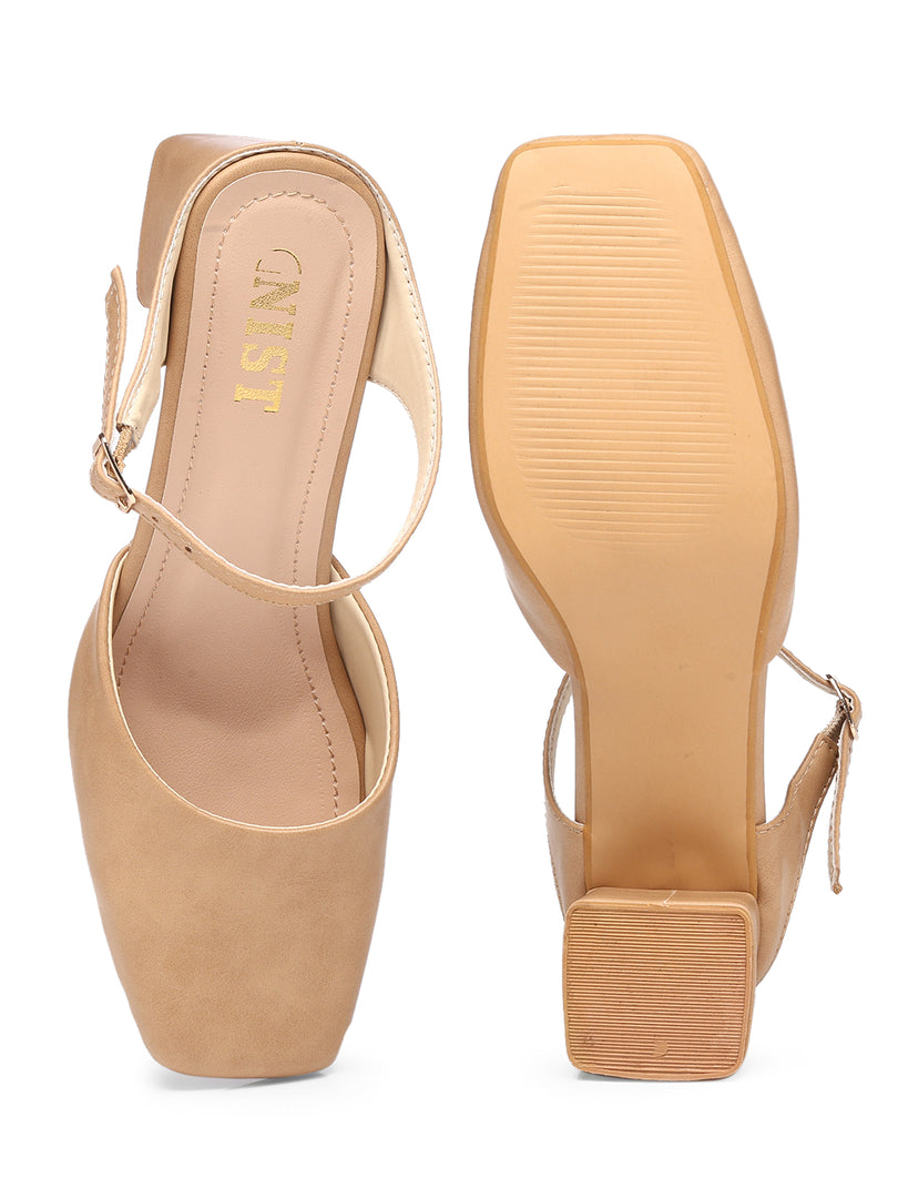 GNIST Square Toe Mule Nude Block Heel