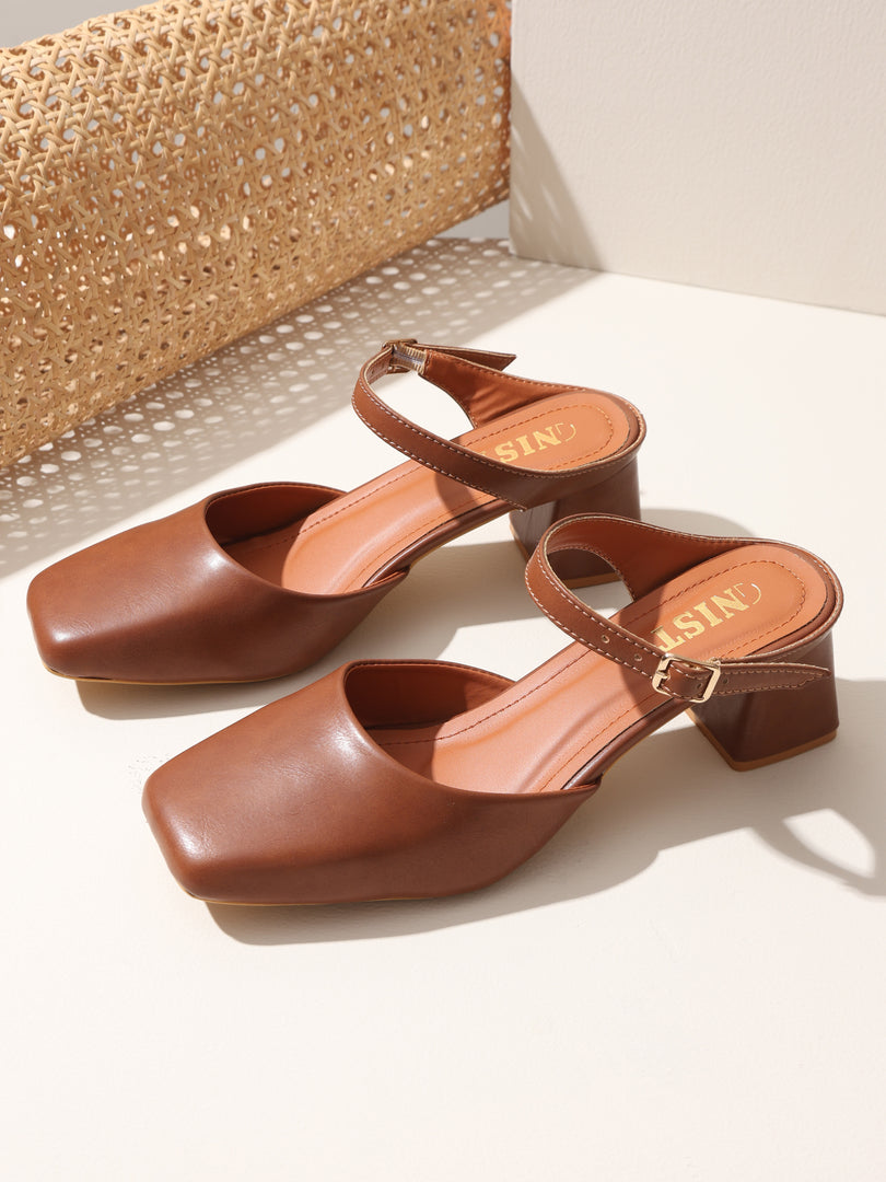 GNIST Square Toe Mule Tan Block Heel