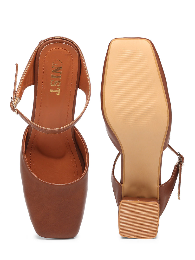 GNIST Square Toe Mule Tan Block Heel