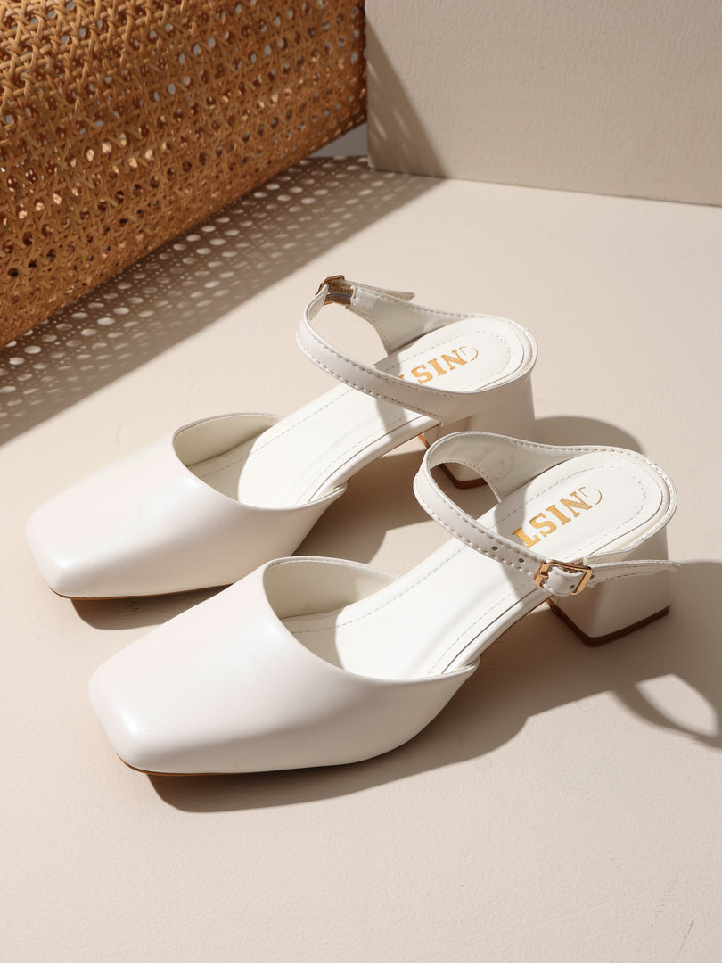 GNIST Square Toe Mule White Block Heel