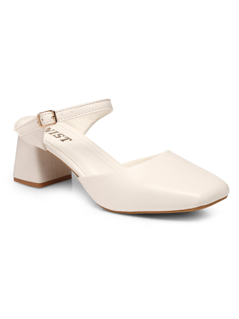 GNIST Square Toe Mule White Block Heel