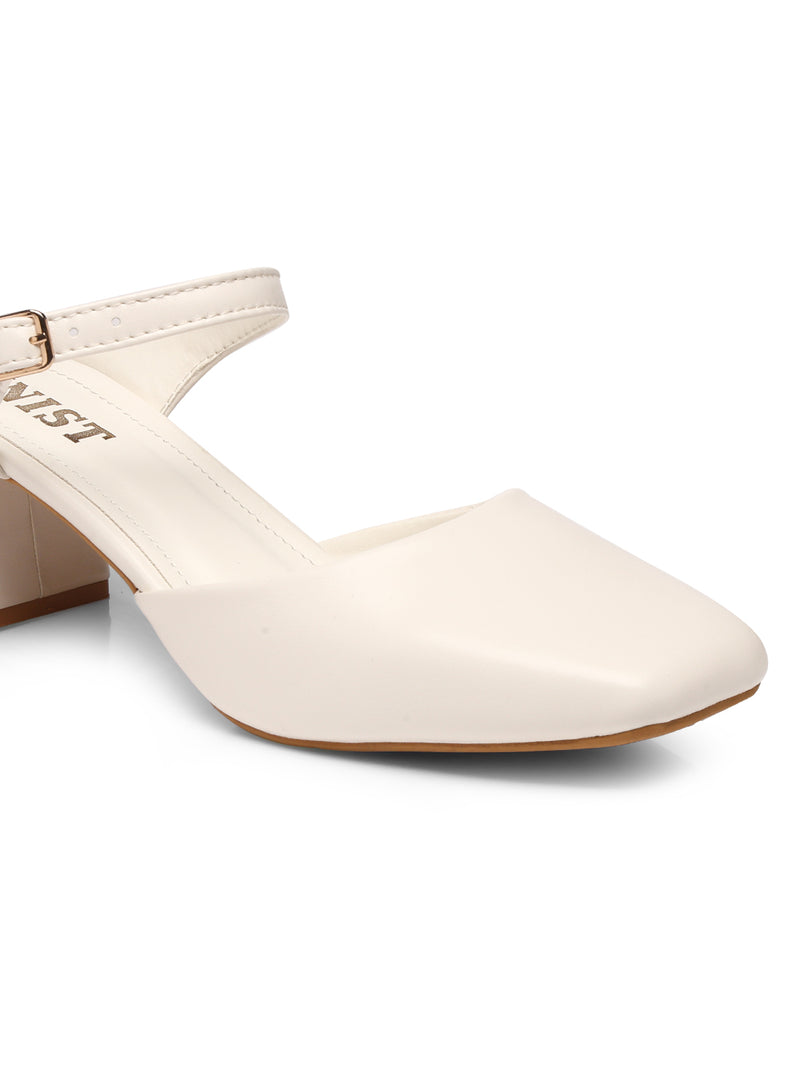 GNIST Square Toe Mule White Block Heel
