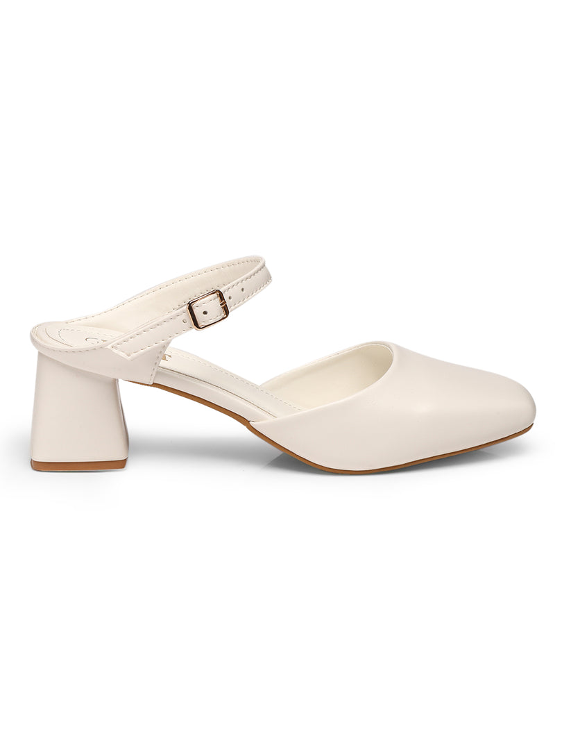 GNIST Square Toe Mule White Block Heel