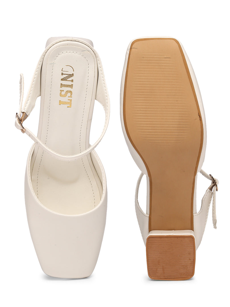 GNIST Square Toe Mule White Block Heel