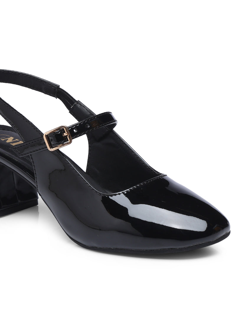 GNIST Structured Round Toe Black Block Heel