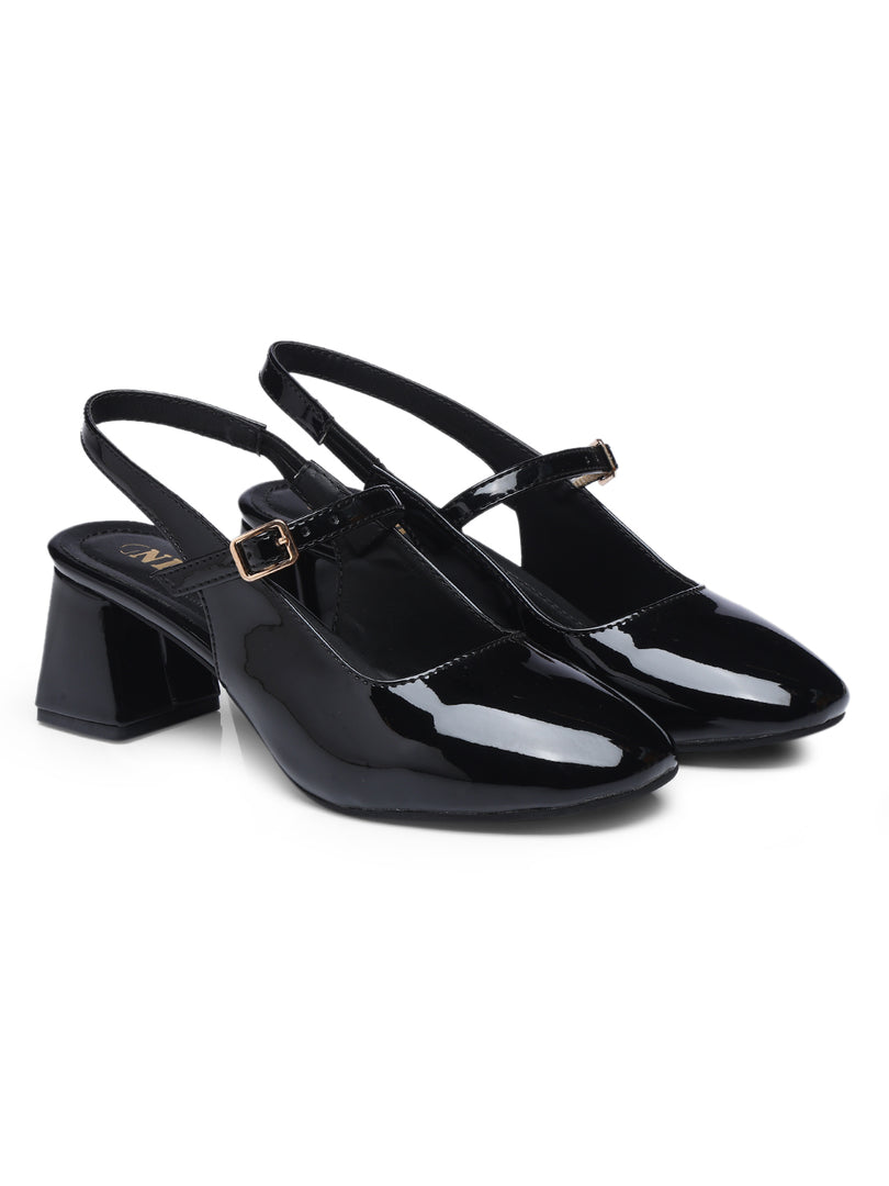 GNIST Structured Round Toe Black Block Heel