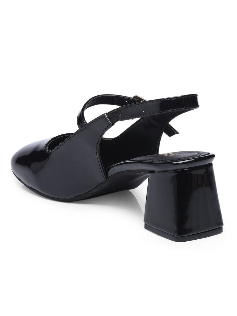 GNIST Structured Round Toe Black Block Heel