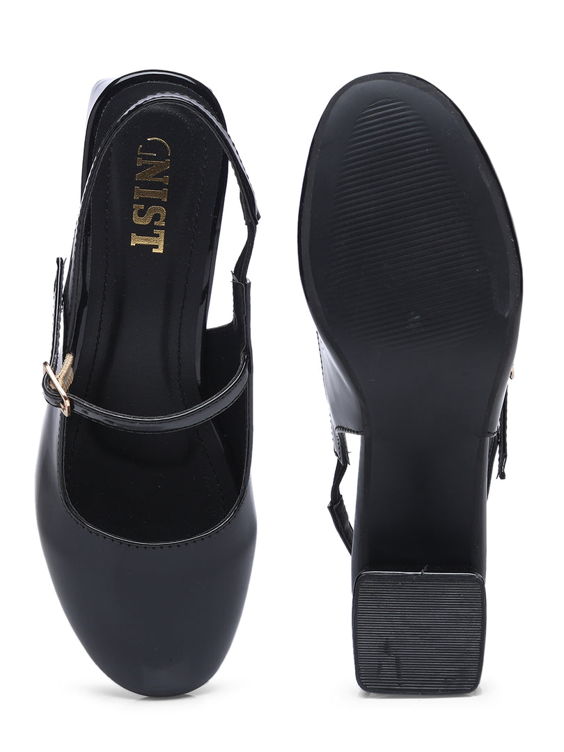 GNIST Structured Round Toe Black Block Heel