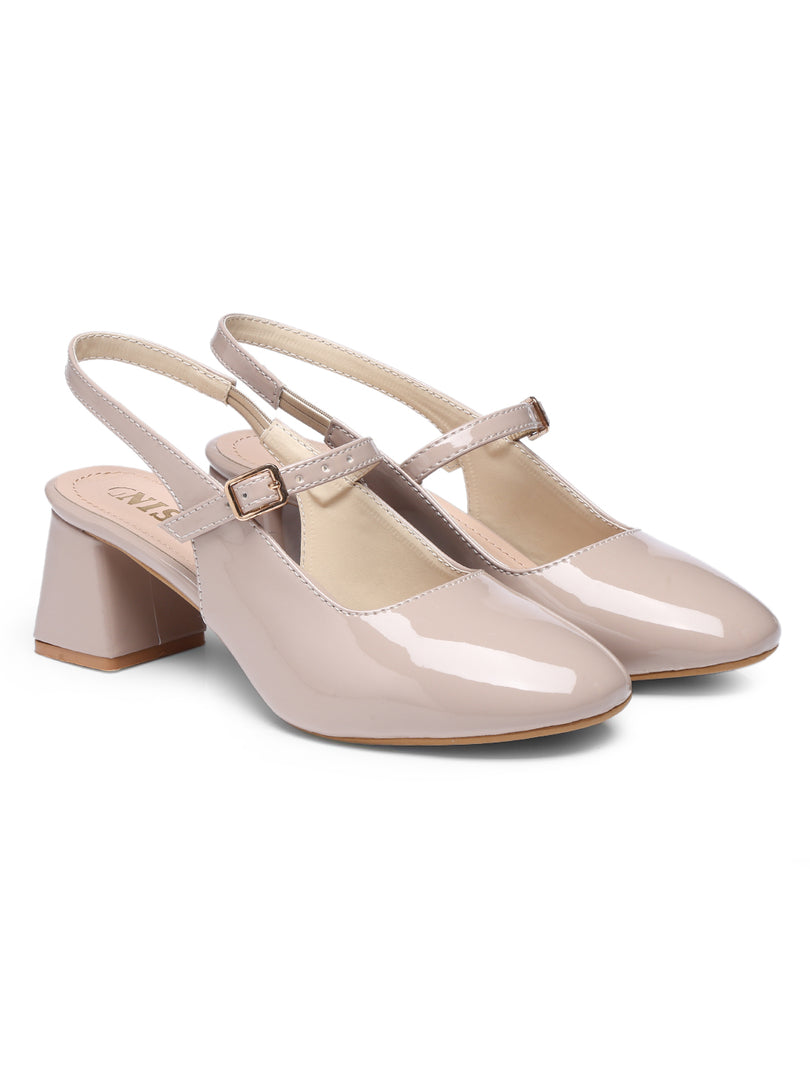 GNIST Structured Round Toe Nude Block Heel