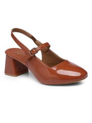 GNIST Structured Round Toe Tan Block Heel