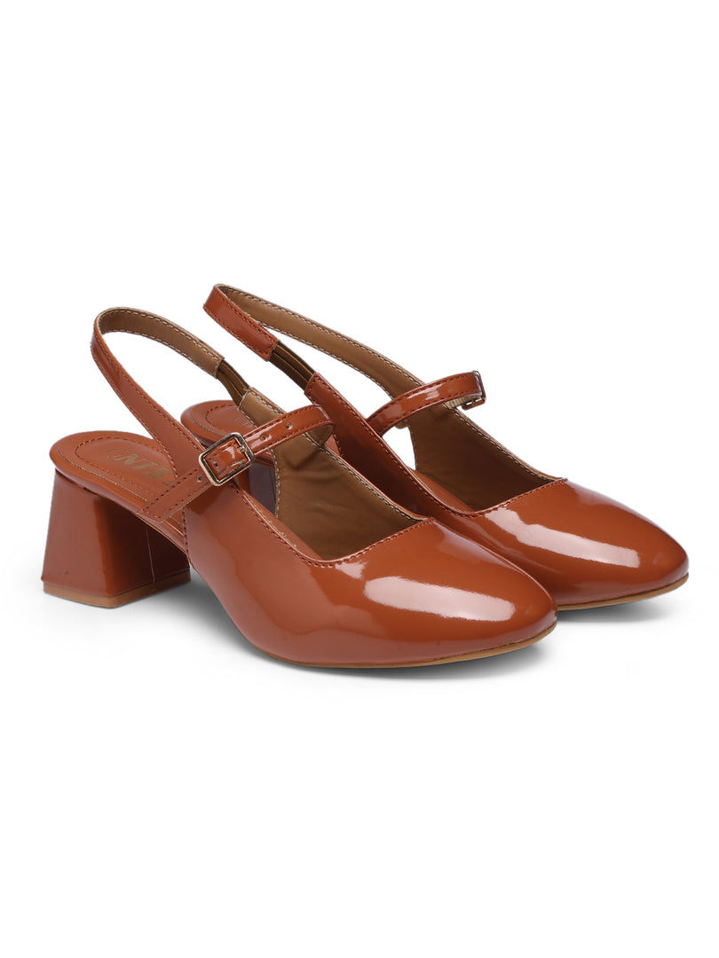 GNIST Structured Round Toe Tan Block Heel
