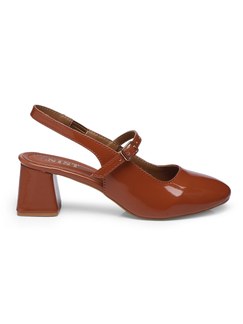 GNIST Structured Round Toe Tan Block Heel
