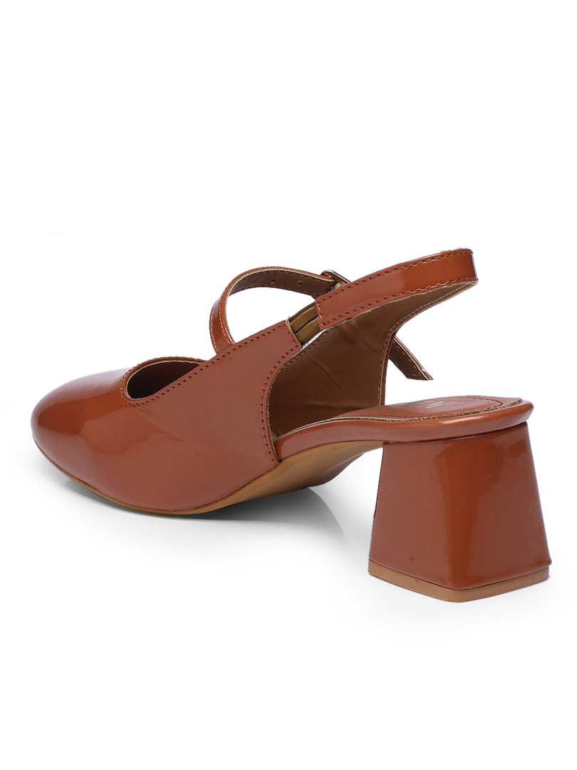 GNIST Structured Round Toe Tan Block Heel