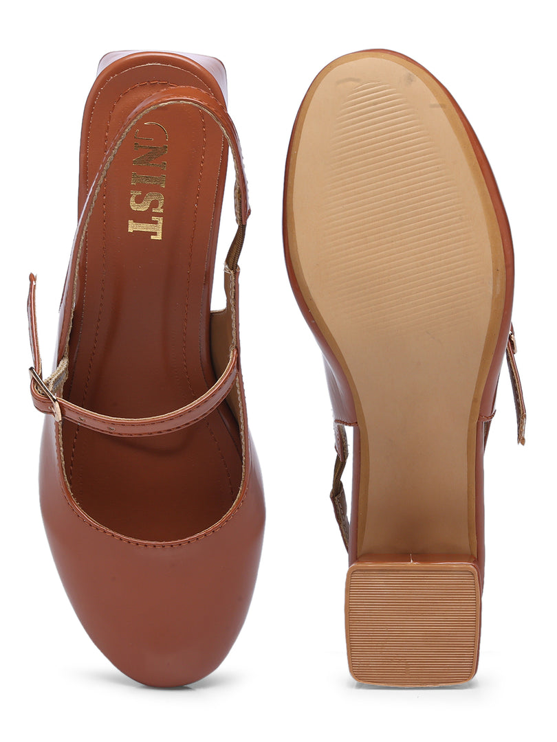 GNIST Structured Round Toe Tan Block Heel