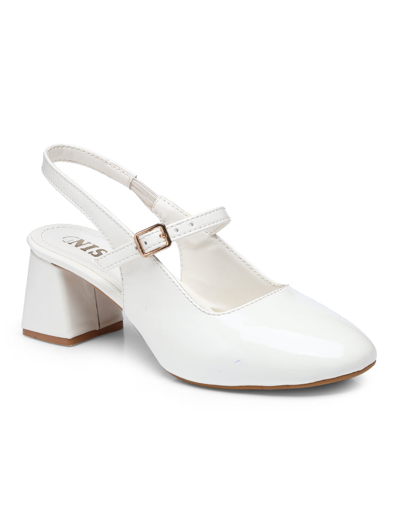 GNIST Structured Round Toe White Block Heel