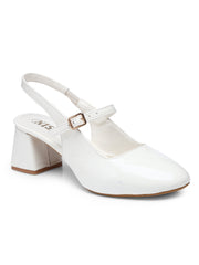 GNIST Structured Round Toe White Block Heel