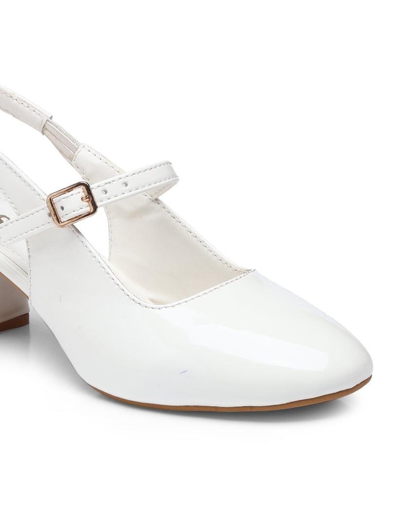 GNIST Structured Round Toe White Block Heel