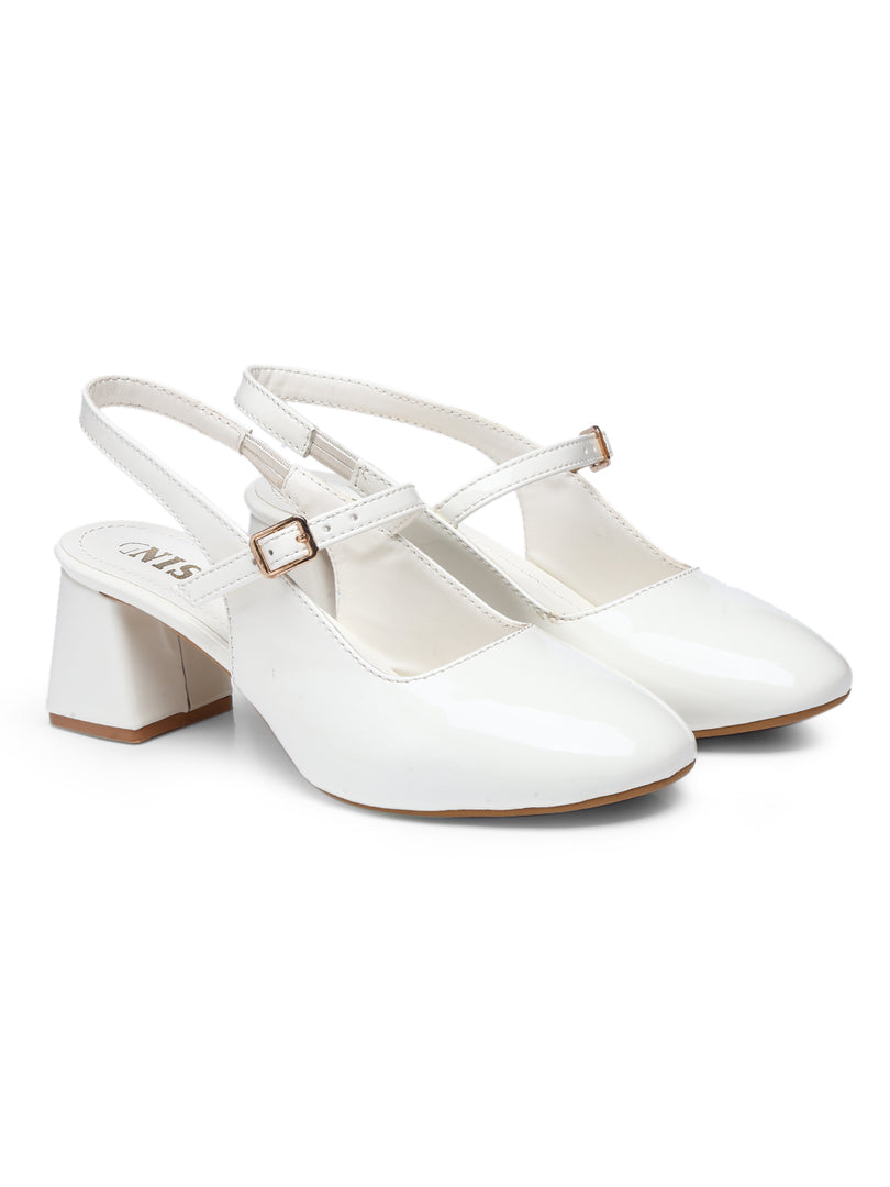GNIST Structured Round Toe White Block Heel