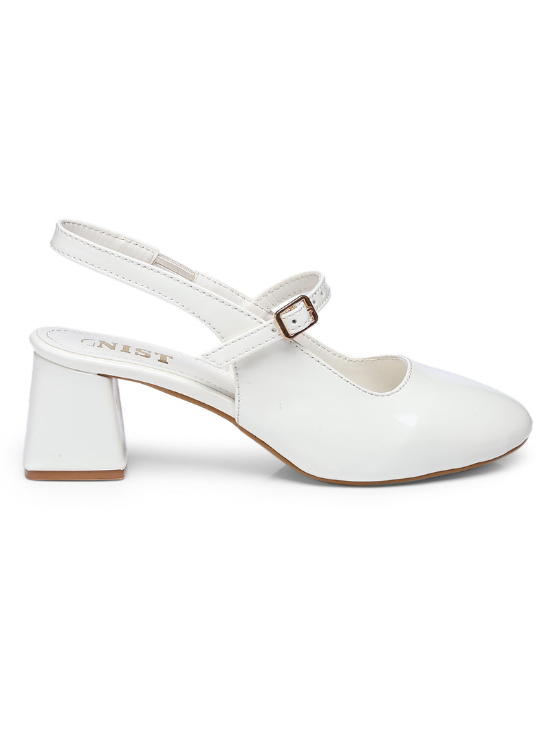 GNIST Structured Round Toe White Block Heel