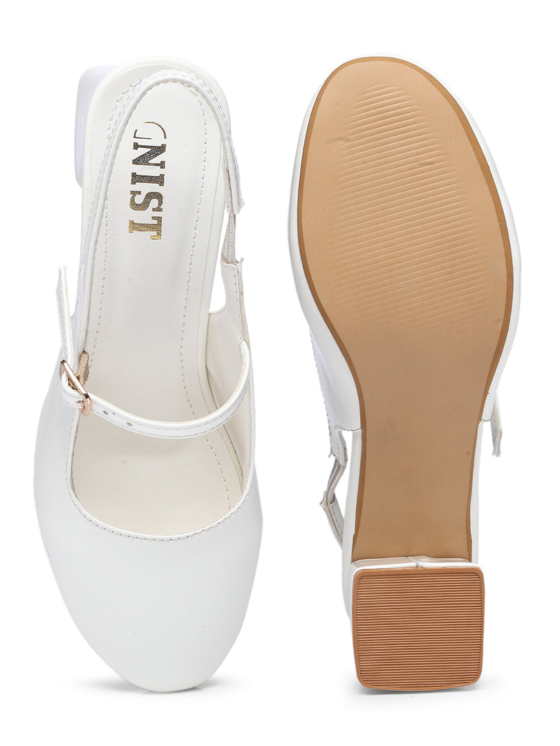 GNIST Structured Round Toe White Block Heel