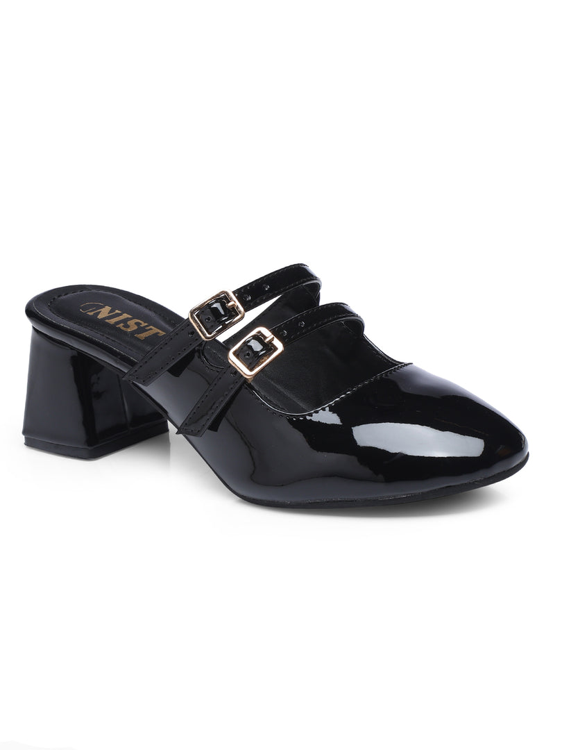 GNIST Structured Round Toe Mule Black Block Heel