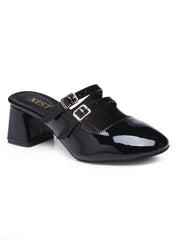 GNIST Structured Round Toe Mule Black Block Heel
