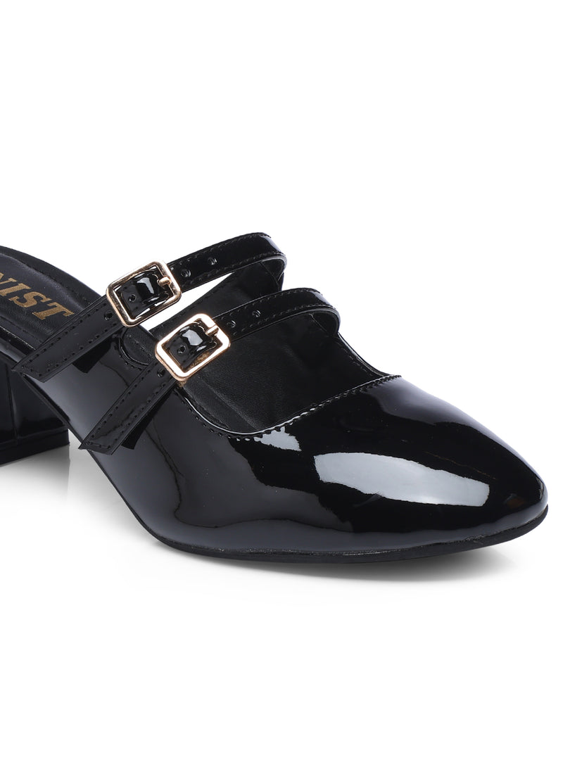 GNIST Structured Round Toe Mule Black Block Heel