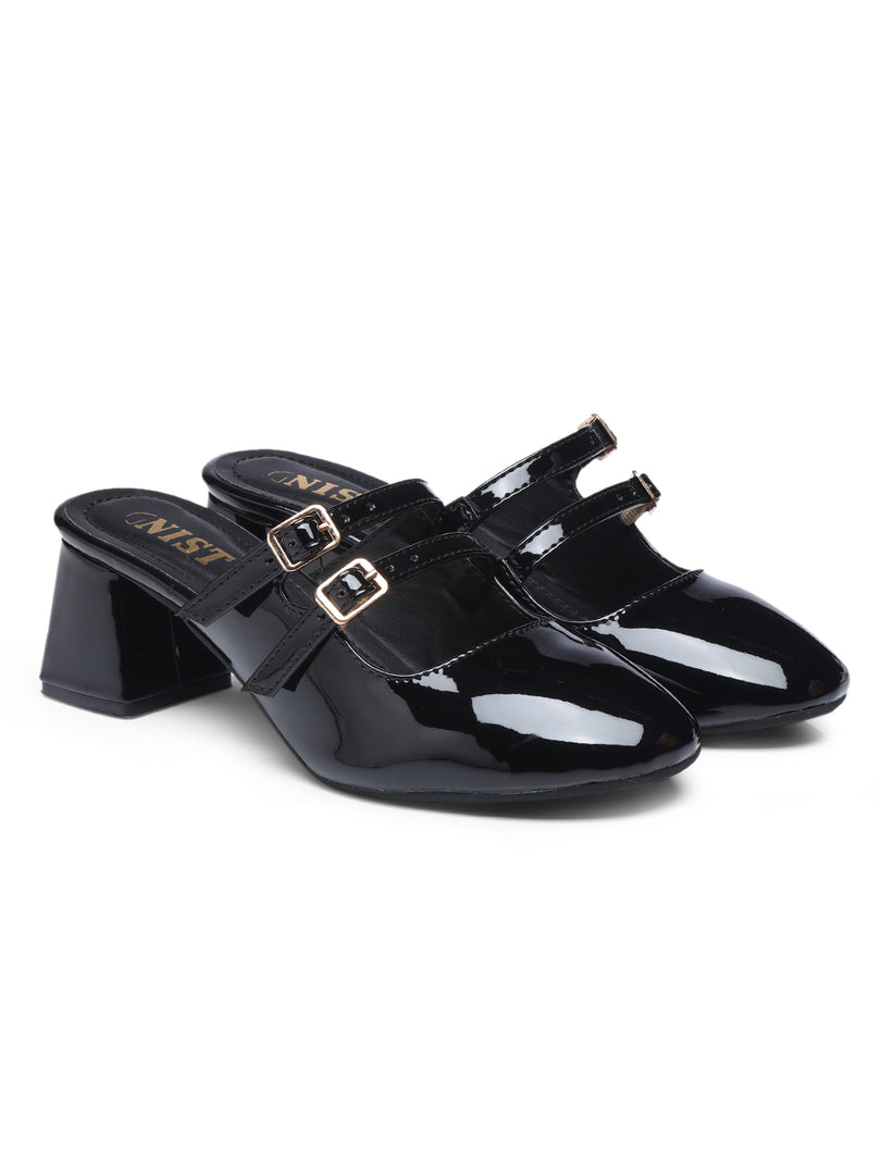 GNIST Structured Round Toe Mule Black Block Heel