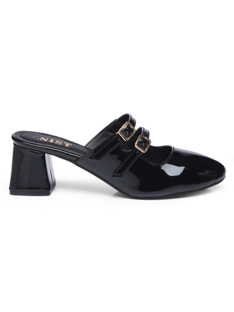 GNIST Structured Round Toe Mule Black Block Heel
